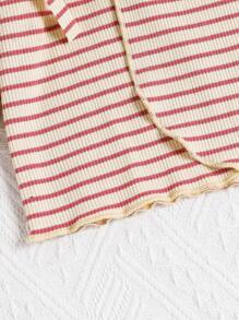 SHEIN 2 件装女婴西瓜粉色条纹纯色长袖连体衣连裤休闲家居服套装 - 西瓜粉 - 查看 4