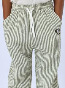 SUMWON Pull-On Elastic Waist Striped Pants Casual Wear Comfortable Summer Spring Children'S Bottoms With Cute Embroidered Patch - Olive Green - View 7