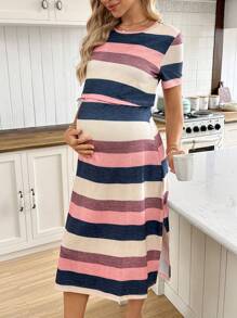 SHEIN Maternity Striped Digital Print Nursing Dress, Round Neck Short Sleeve - Multicolor - View 4