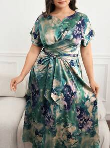 Modelyn Plus Size Women Tie Dye Bat Print Ruched Elegant Midi Dress, Short Sleeve - Multicolor - View 7