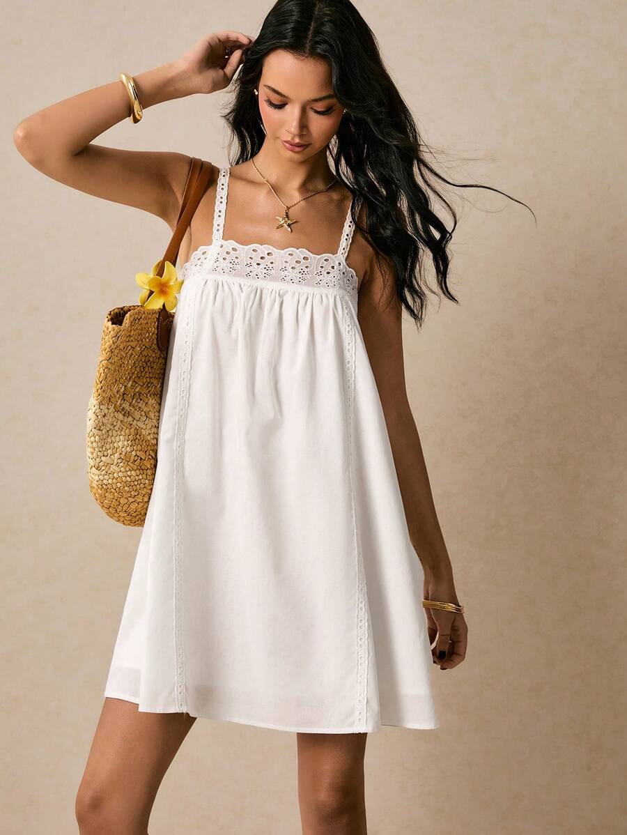 Poéselle 白色女式连衣裙，度假女装，沙滩女装，休闲纯色吊带迷你连衣裙，适合假日穿着，短款连衣裙，夏季女式白色连衣裙，加大码女式太阳裙 - 白色 - 查看 1