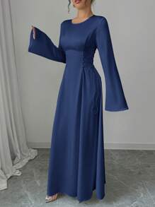 Elenzga 优雅杏色 A 字腰收腰喇叭袖连衣裙长款女装