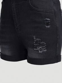 Fashionable Ripped & Frayed Hem Elastic Fitted Denim Shorts For Teenage Girls, Summer, School, Campus, College