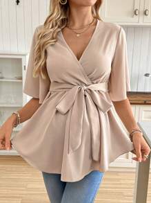 SHEIN V-Neck Ruffle Maternity Blouse With Belt