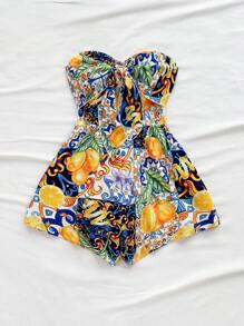 Soleia 女式度假巡航沙滩短裤，宽松版型瓷砖印花抹胸前扭纹后背镂空收腰连体裤，春夏