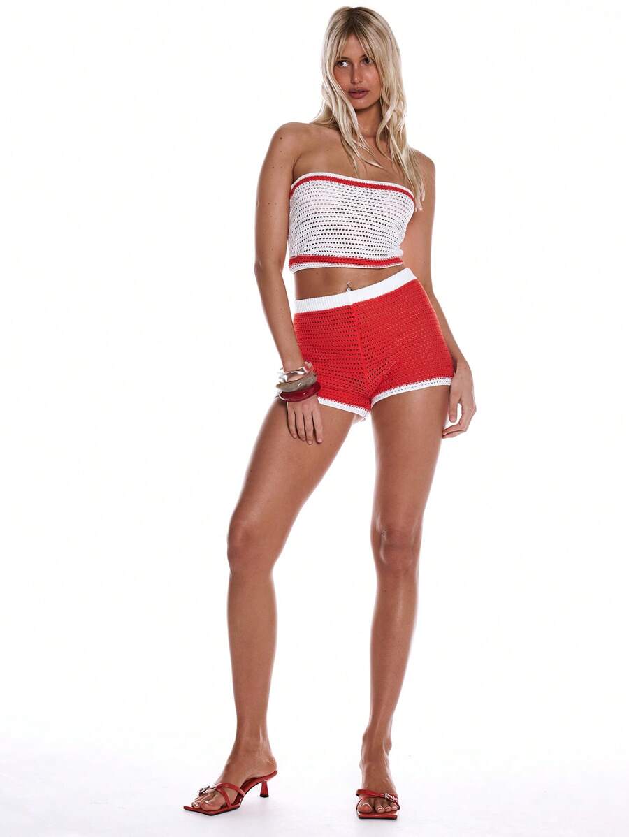 MUSERA Shorts mini ajustados de ganchillo de punto con rayas contrastantes, para primavera, verano, vacaciones, playa y días festivos