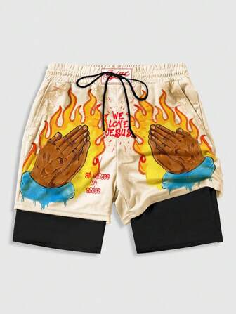 Street Life Pantalones cortos casuales holgados con cintura elástica y estampado gráfico de calle, look de 2 en 1 para hombre