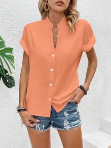 SHEIN LUNE 女士纯色短袖衬衫，简约时尚，适合夏季 - 橘色 - 查看 3