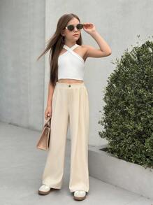 SHEIN Leap Crew Nova Glow Tween Girls Casual Fashionable Versatile Apricot Straight Leg Pants, Suitable For Spring And Summer - Apricot - View 3