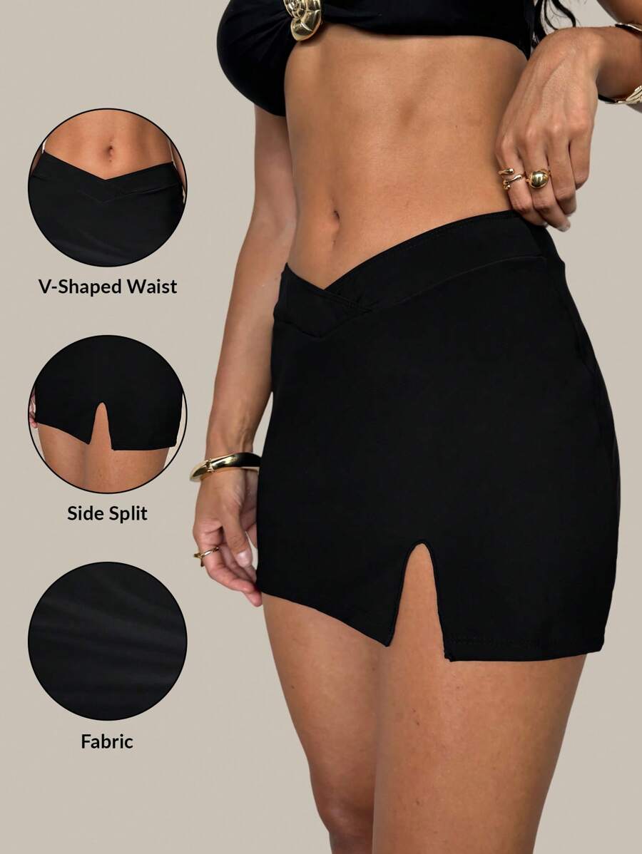 SHEIN Swim Women V-Neck Ruched Slit Bodycon Mini Skirt Bikini Bottom, Bikini Bottom For Beach Party Vacation, Spring/Summer - Black - View 1