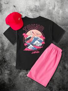 SHEIN Conjunto de 2 piezas para niño preadolescente con camiseta de manga corta de cuello redondo con estampado de ola marina y pantalones cortos elásticos en la cintura color rosa, estilo universitario casual y cómodo, adecuado para primavera y verano, uso diario, juegos al aire libre, escuela, fotografía callejera, fiesta y tiempo libre