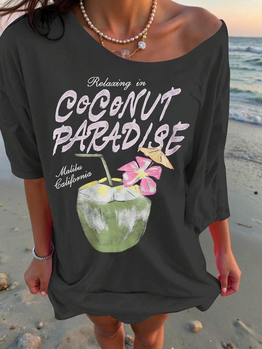 INAWLY Floral & Coconut Print Asymmetrical Neck Summer Top, Loose Casual Vacation T-Shirt For Women