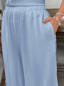SHEIN VCAY Plus Size White Textured Fabric Loose Casual Wide Leg Pants With Pockets, Suitable For Vacation & Valentine's Day,Summer Pants