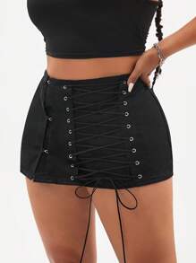 Jeanoix Plus Size Solid Color Fashionable Casual Tie-Up Skirt - Black - View 3