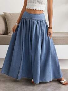 Breezaya Women's Casual Pleated Slit Loose Denim Skirt, Summer - Blue - View 5
