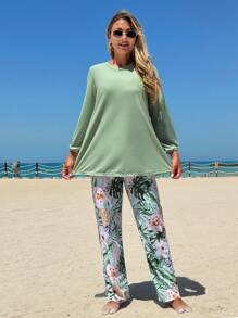 Swim Mulvari Women's Solid Loose Long Sleeve Drawstring Top And Random Print Long Pants Two Pieces Tankini Set - Multicolor - View 3