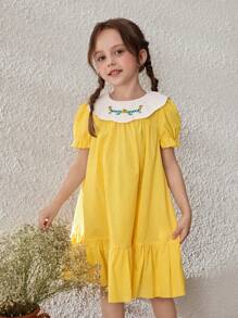 Blossori Young Girl's Countryside Vacation Embroidered Contrast Color Ruffle Neck Puff Sleeve Dress - Multicolor - View 4