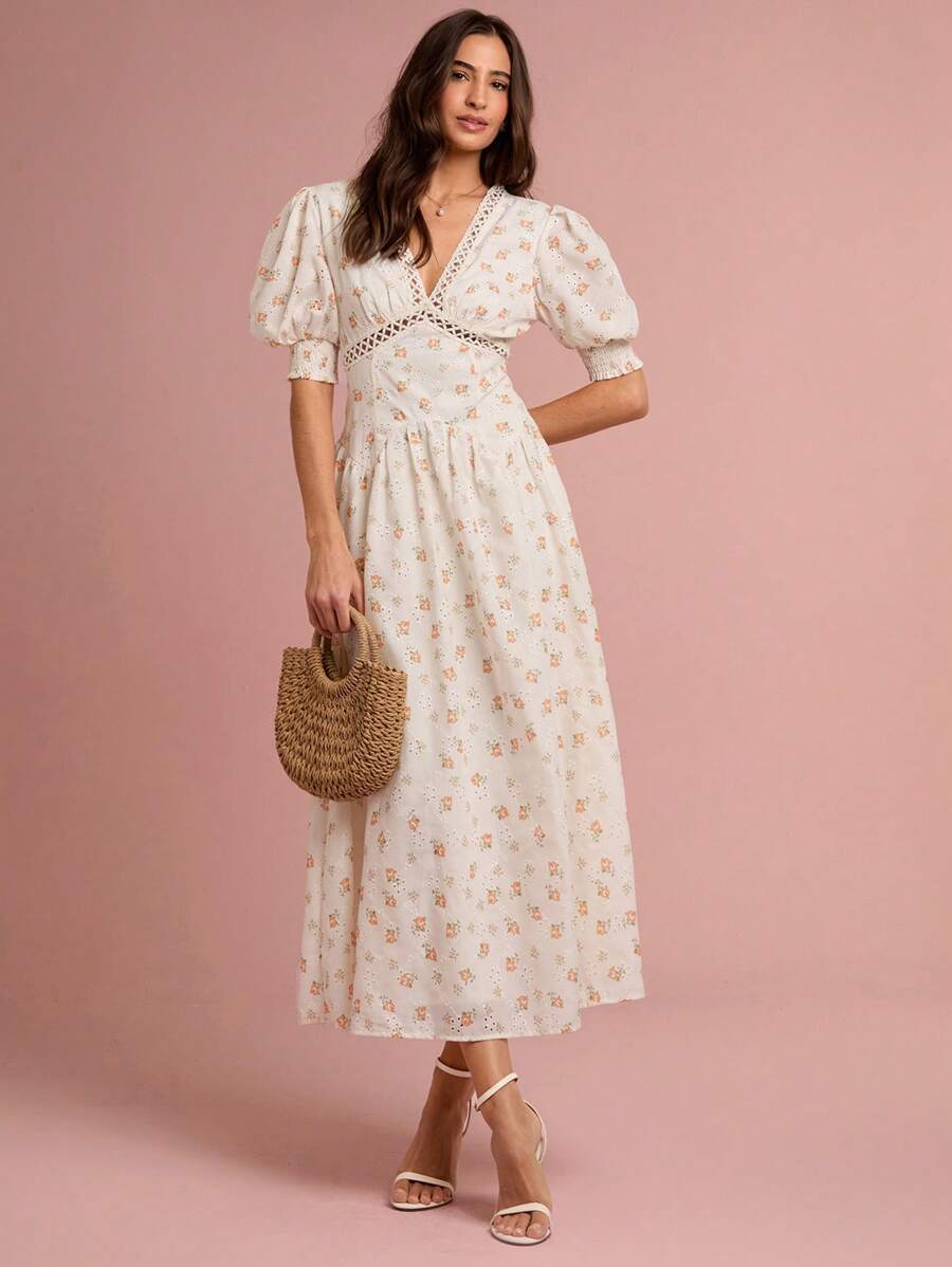 Enchnt 女士优雅碎花泡泡袖连衣裙，夏季 - 橘色 - 查看 1