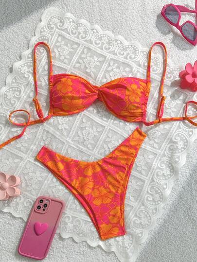 Swim Mod Conjunto de bikini sexy con estampado aleatorio, halter retorcido para primavera y verano, conjuntos de ropa de playa para mujer