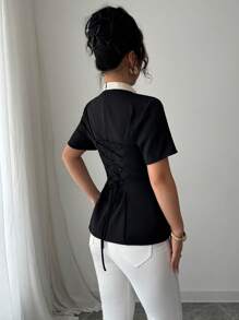 Elenzga Blusa sólida elegante de dama con decoración de lazo de satén, cuello redondo, mangas cortas, cintura con cordones y espalda con hebilla para mujer elegante, de moda, ideal para vacaciones y uso diario