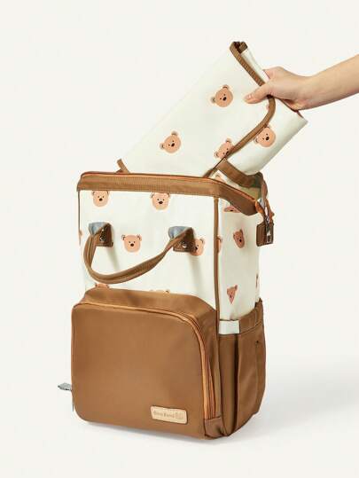 Cozy Pixies Khaki Bear Mother Bag, Convenient To Carry Outdoors, Large Capacity With Insulation Layer, Can Store Bottles, Multifunctional Diaper Bag