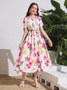 Vestido de cuello en V vintage con cintura entallada y estampado floral para adolescentes - Multicolor - Ver 3