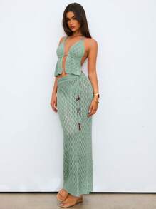 Aloruh Women's Spring/Summer Vacation Green Crochet Halter Neck & Super Low Waist Bodycon Skirt 2 Pieces Set