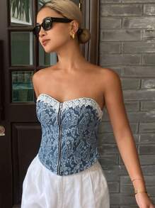 DAZY 女式夏季时尚提花蕾丝边抹胸牛仔衬衫 - 藍色 - 查看 4