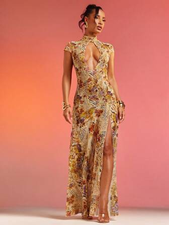 Hauture Robe en dentelle filet à imprimé floral animal abstrait