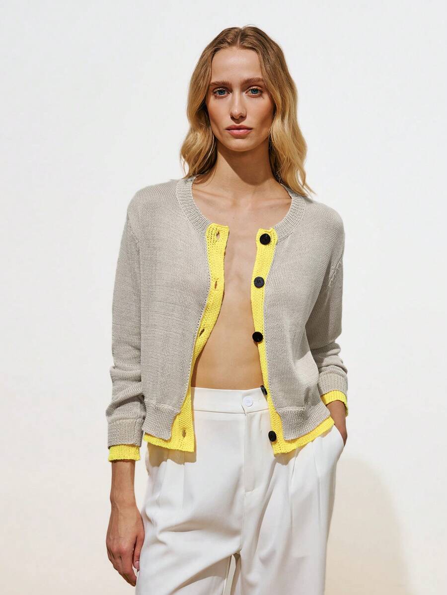 Lumivelle Women's Contrast Color Casual Front Button 2 In 1 Cardigan Fall Winter Cloth For Women - Multicolor - View 1