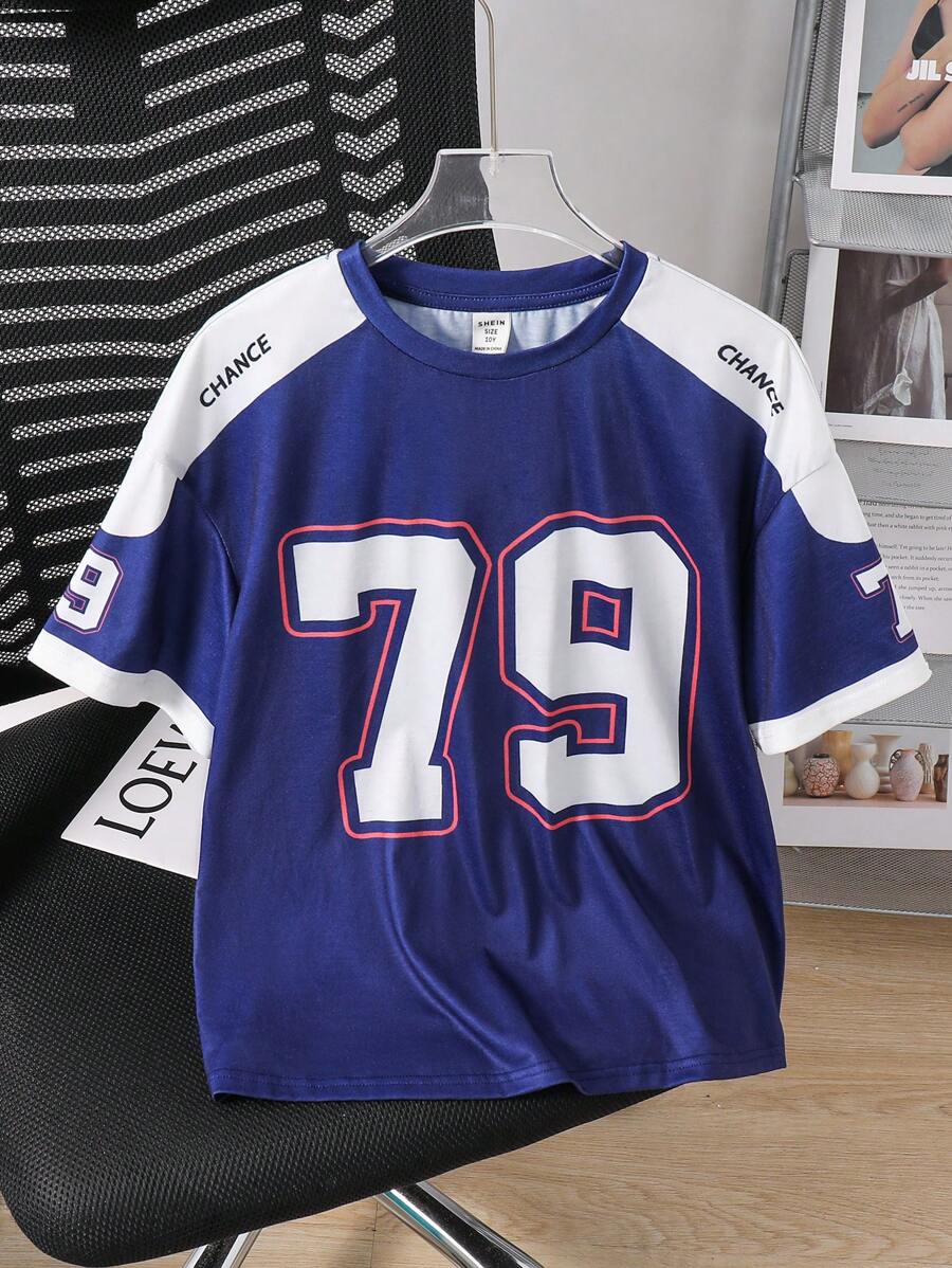 SHEIN 1 pieza Camiseta de manga corta y cuello redondo con estampado divertido casual para niño preadolescente, cómoda, de moda, versátil, suave, adecuada para primavera/verano, uso diario, juegos al aire libre, escuela, estilo callejero, fiesta, tiempo libre en casa