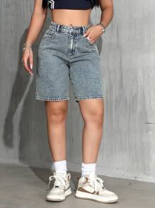 SHEIN PETITE 女士休闲水洗斜口袋直筒牛仔短裤，夏季 - 藍色 - 查看 4