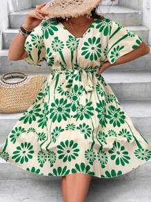 SHEIN LUNE Plus Size Holiday Casual Floral Print Ruffle Hem Dress - Green - View 5