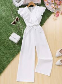 Young Girl Fashion Floral Frill Trim Wide Leg Jumpsuit - White - View 3