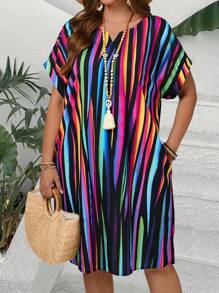 EMERY ROSE Plus Size Women Colorful Striped Short Sleeve Bat Wing Dress, Gifts For Mother,Summer Holiday,Vacation Outfits Women,Simple And Fashionable For Everyday Wear,Vacay Vibes,Springbreak,Casual Wear SS,Bohemia,Sun Dresses For Women