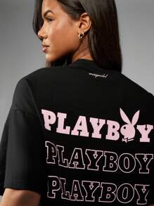 Missguided x Playboy Camiseta oversize para estar en casa, pijama, estampado gráfico, logo, ropa urbana casual de verano, ropa deportiva urbana, confort de fin de semana, moda Y2K
