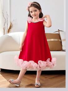 Young Girl Crystal Embellished Neck Contrast Color Ruffle Hem Red Summer Flower Girl Sleeveless Midi A-Line Cake Dress,Cute & Elegant Princess Party - Black - View 10
