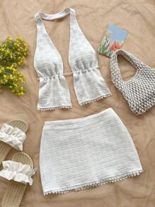 Soleia 女士两件套：奶油色纹理系带露背短款上衣和迷你裙，适合度假、派对、约会、音乐节、海滩、夏季日常、下午茶 - 白色 - 查看 5
