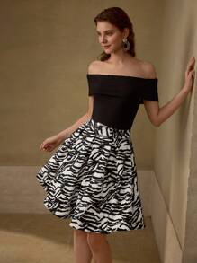 MOTF PREMIUM VESTIDO CON HOMBROS DESCUBIERTOS Y CINTURÓN - Blanco y Negro - Ver 3