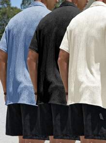 Manfinity Homme Men's Resort-Casual Style With An INS-Inspired Knit Pleated Textured Jacquard Design In White, Black, And Blue. This Drop-Shoulder Loose-Fit Short-Sleeve Shirt Set (Three Pieces Bundled For Cost-Effectiveness) Features A Button-Front Closure, Making It Perfect For Music Festivals, Hawaiian Beach Vacations, As Well As Everyday Wear. It Also Makes A Great Gift For A Boyfriend Or Husband, Exuding A Touch Of French Elegance And Romance. Men's Casual Solid Color Textured Short Sleeve Shirt Set, Summer, Summer Shirts For Guys, Men's Knit Shirts - Multicolor - View 2