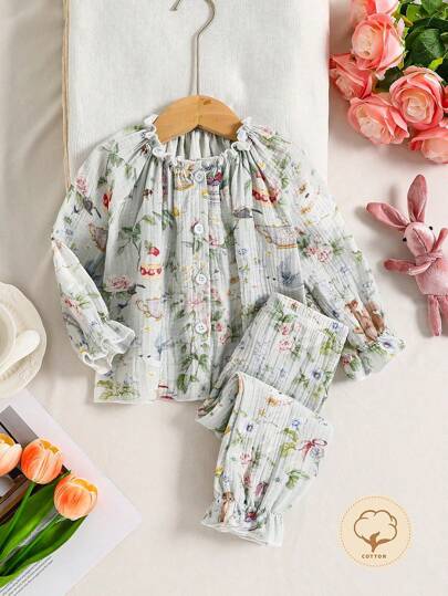 2pcs Baby Girls Cute Animal Print Soft Comfortable Long Sleeve Cardigan Shirt & Pants Pajama Set, Suitable For Spring, Summer, Autumn