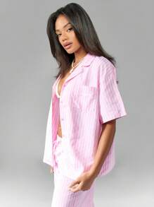 Missguided x Playboy Bunny Striped Button Down Pajama Style Shirt Loungewear Oversized Resort Beach Cover Up Summer Holiday Casual Beachwear Lounge Top - Pink - View 3