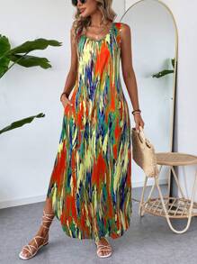 EMERY ROSE Women's Summer Vacation Fully Allover Print Slit Loose Sleeveless Dress - Yellow - View 5