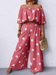 SHEIN LUNE Set de 2 piezas talla grande con top hombros descubiertos y pantalón largo, minimalista y elegante, apropiado para el verano - Rosa - Ver 3
