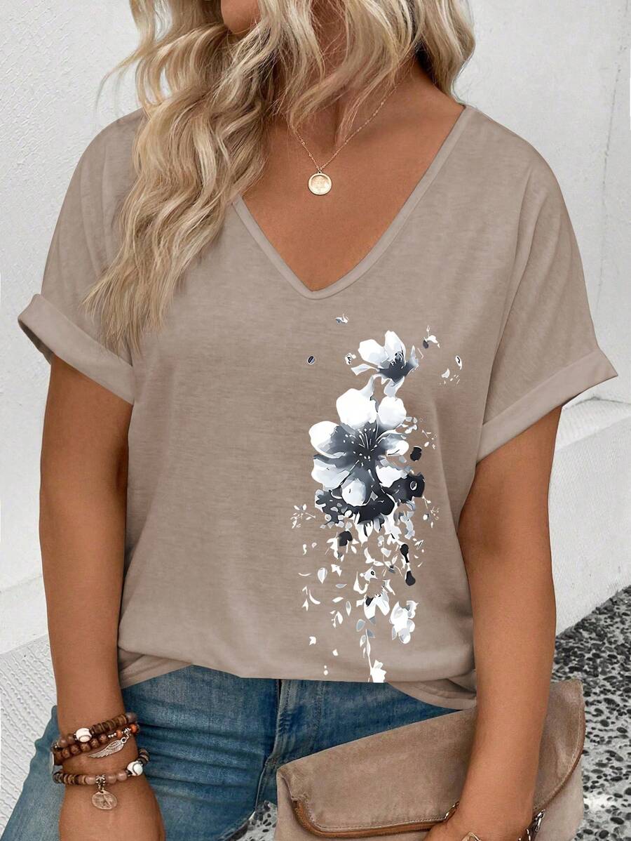 SHEIN 女士休闲V领短袖翻袖水墨花卉印花加大码T恤