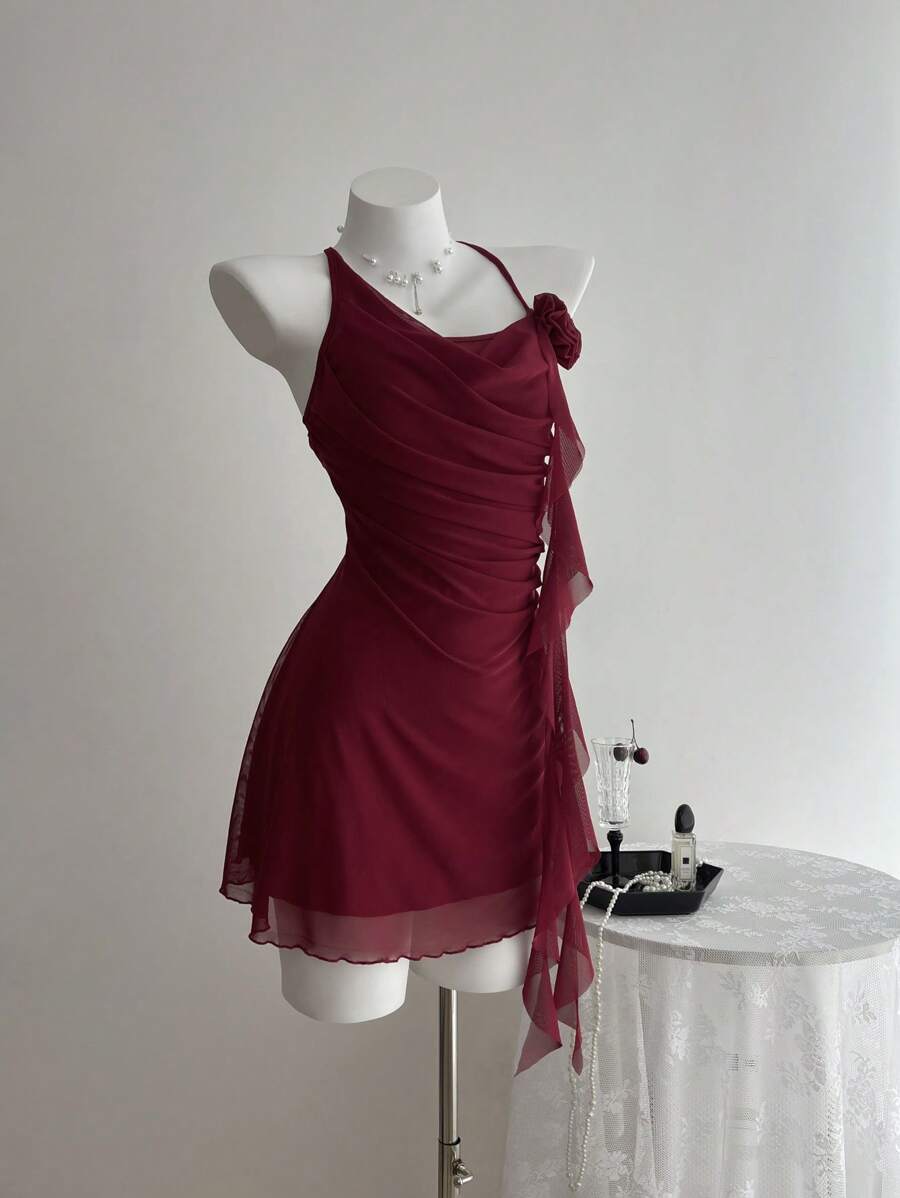 Elamini Spring & Summer Casual Holiday Floral Sheer Back Hollow Mini Dress For Women