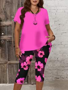 EMERY ROSE 2pcs/Set Plus Size Women's Ditsy Floral T-Shirt And 3/4 Length Pants Set, Casual Outfit For Mother's Day, Spring/Summer Suitable For Going Out