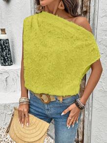 Chiquease Women's Textured Ruched Asymmetric Asymmetrical Neck Loose Elegant Blouse - Yellow - View 4