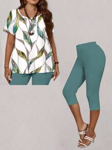 EMERY ROSE Set de 2 piezas con leggings y shorts con estampado de hojas de color contrastante, cuello redondo, manga corta, estilo casual y sencillo, talla grande - Multicolor - Ver 5