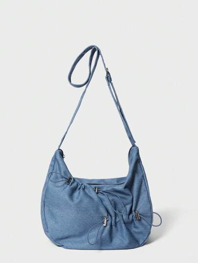 SHECARRY Women's Hand Tote Bag Denim Effect Autumn And Winter Academic Vacation Street Travel Commuting Work Casual Daily Simple Drawstring Design Foldable Metal Decoration Students Book Bay